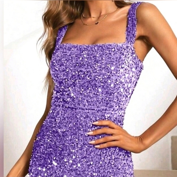 New Glam Sequin Stretch Velvet Long Midi Dress Purple - Picture 4 of 10